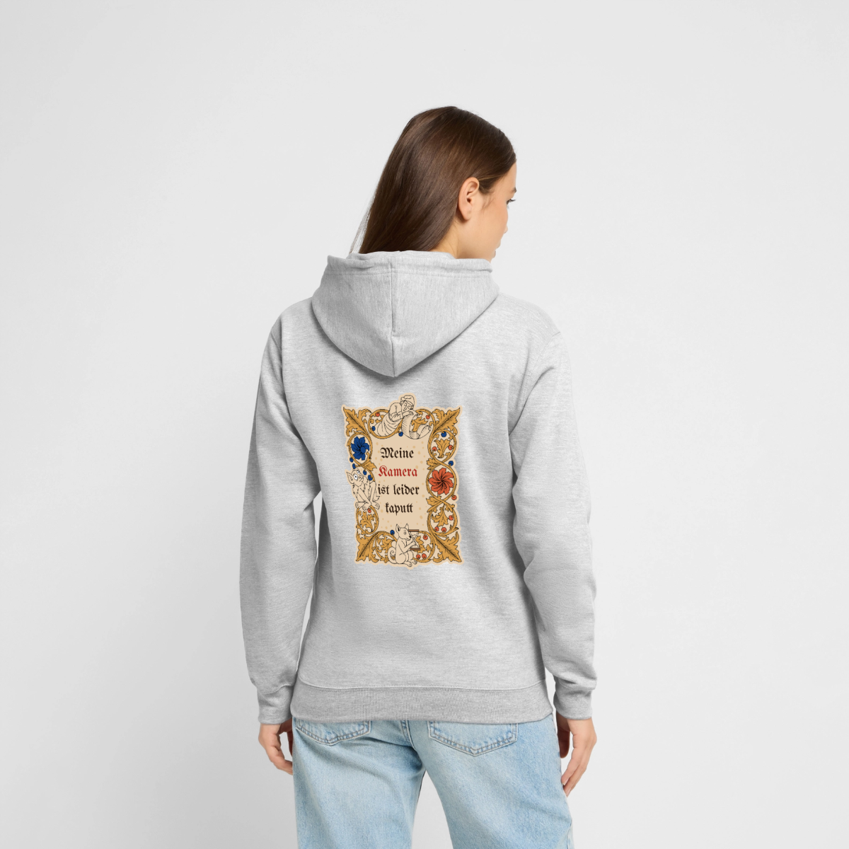 "Meine Kamera ist leider kaputt. Buchmalerei-Motiv" Motiv-Hoodie unisex, Farbe Hellgrau meliert, Model