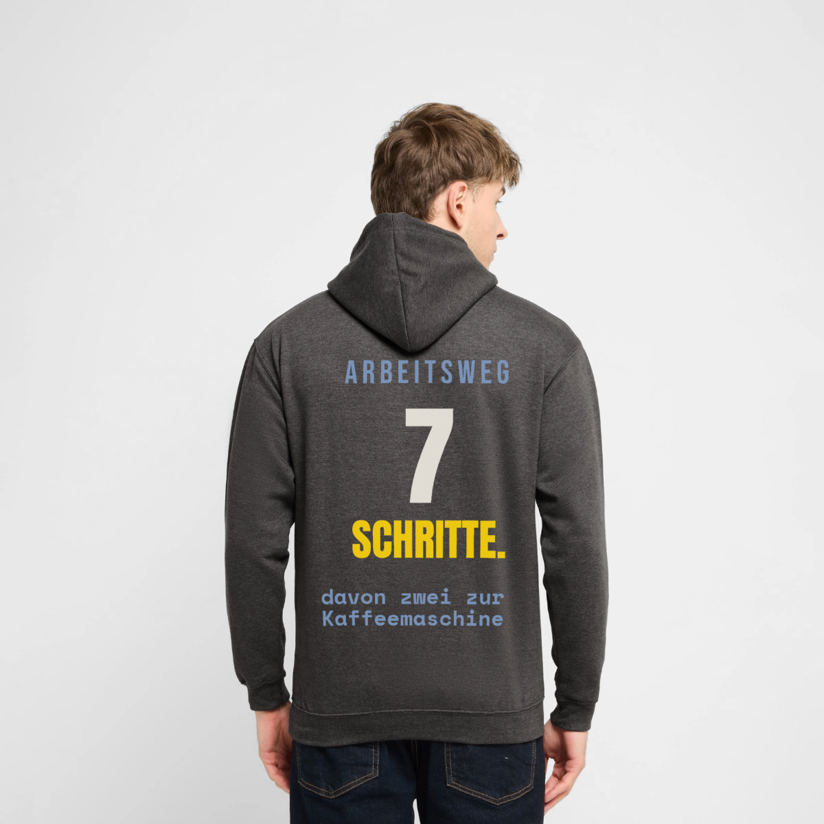 "Arbeitsweg: sieben Schritte" Motiv-Hoodie unisex, Farbe Anthrazit, Model