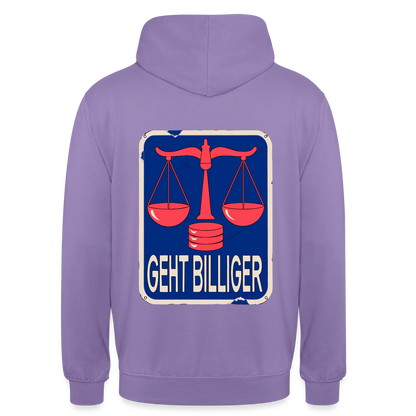 "Geht billiger. Emailschild-Motiv" Motiv-Hoodie unisex, Farbe Lavendel