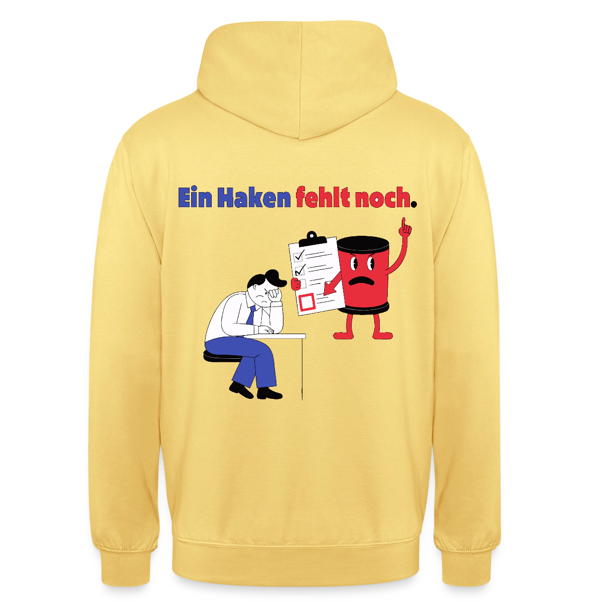 "Ein Haken fehlt noch. Comic-Motiv" Motiv-Hoodie unisex, Farbe Zitronengelb