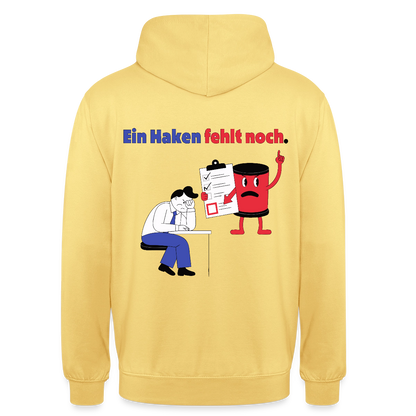 "Ein Haken fehlt noch. Comic-Motiv" Motiv-Hoodie unisex, Farbe Zitronengelb