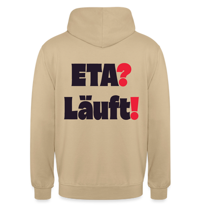 "ETA? Läuft! Typo-Motiv" Motiv-Hoodie unisex, Farbe Beige