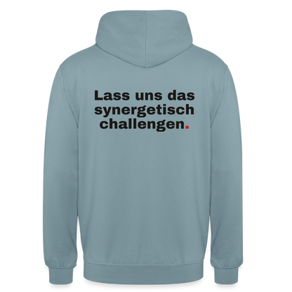 "Lass uns das synergetisch challengen." Motiv-Hoodie unisex, Farbe Nebelblau