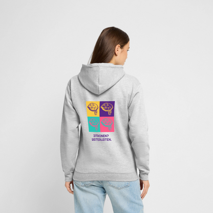 Zitronen? Weiterleiten. Pop-Art-Motiv Motiv-Hoodie unisex, Farbe Hellgrau meliert, Model