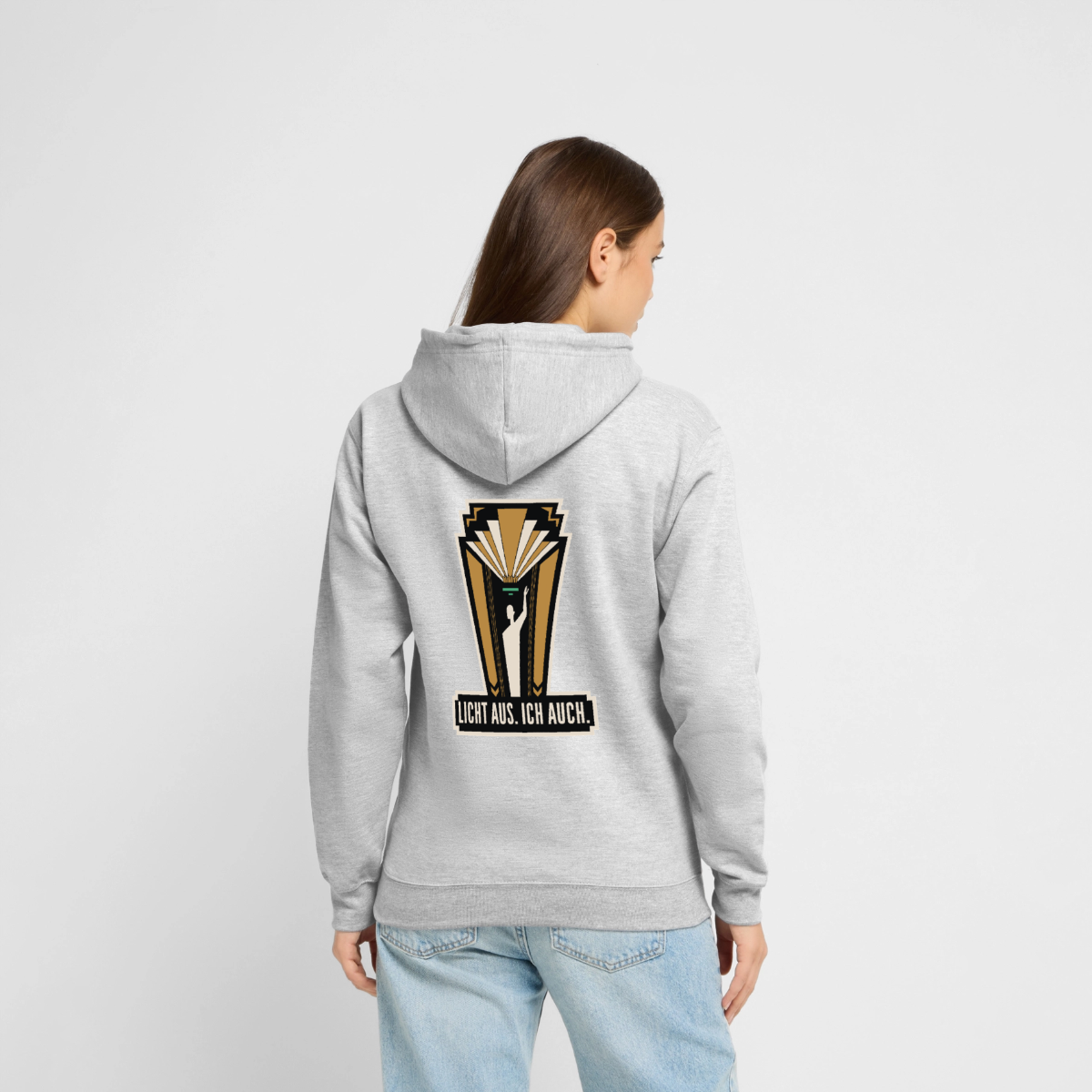 "Licht aus. Ich auch. Art-déco-Motiv" Motiv-Hoodie unisex, Farbe Hellgrau meliert