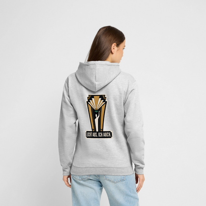 "Licht aus. Ich auch. Art-déco-Motiv" Motiv-Hoodie unisex, Farbe Hellgrau meliert