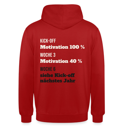 "Kick-off: Motivation 100 %. Woche 3: 40 %. Woche 6: siehe Kick-off nächstes Jahr" Motiv-Hoodie unisex, Farbe Rot