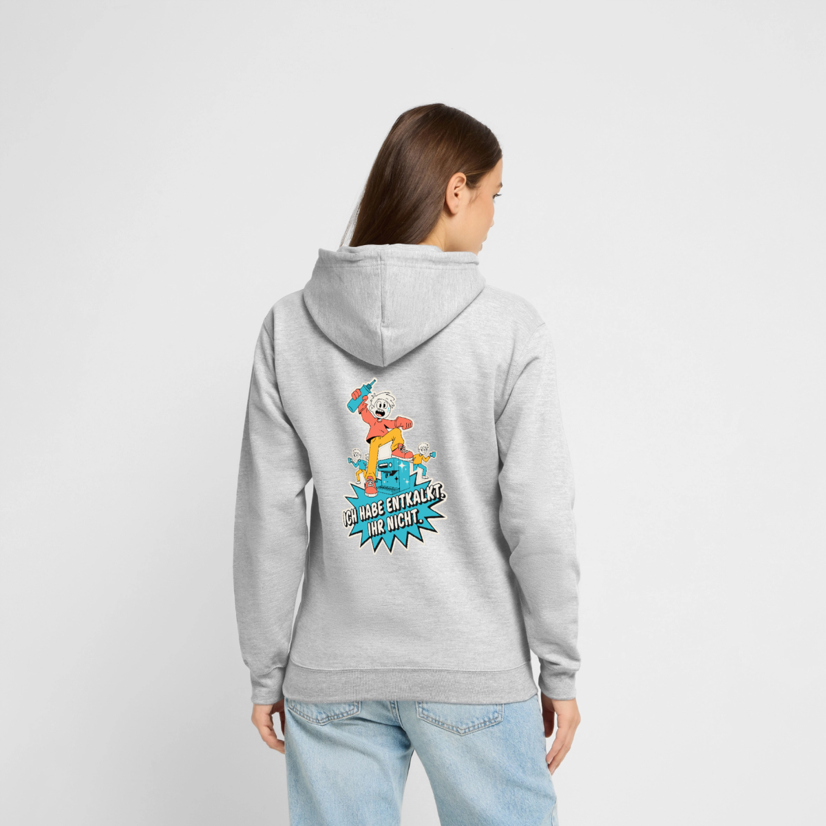 Ich habe entkalkt. Ihr nicht. Cartoon-Motiv Motiv-Hoodie unisex, Farbe Hellgrau meliert, Model