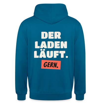 Der Laden läuft. Gern. Motiv-Hoodie unisex, Farbe Tiefseeblau