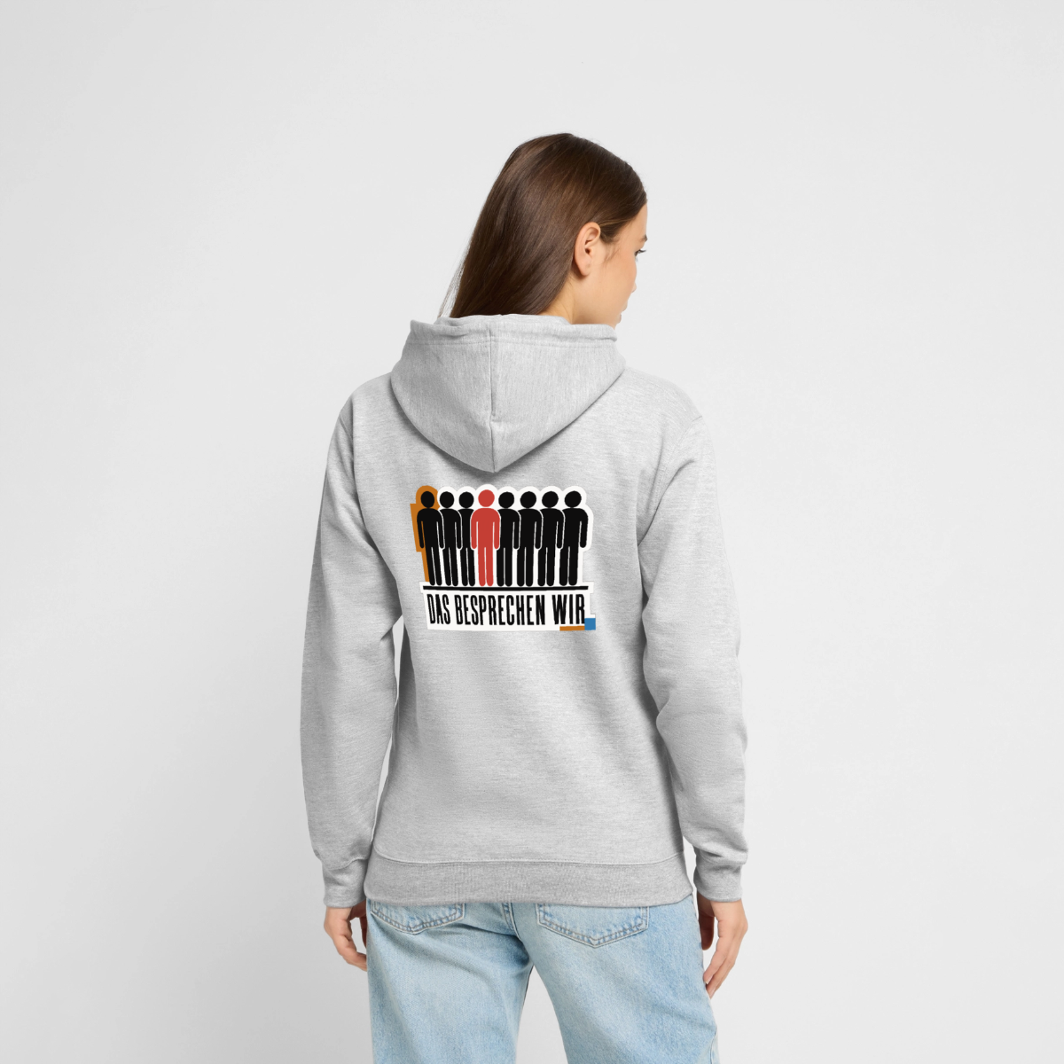 "Das besprechen wir. Isotype-Motiv" Motiv-Hoodie unisex, Farbe Hellgrau meliert