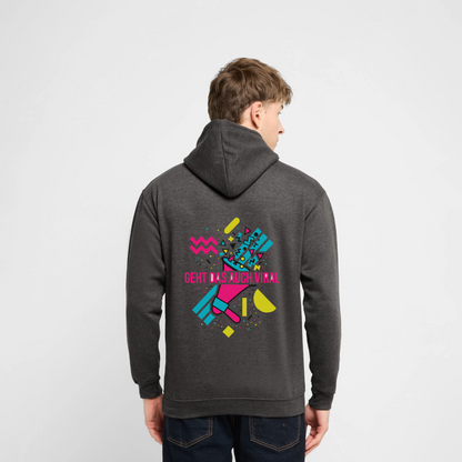"Geht das auch viral? Memphis-Motiv" Motiv-Hoodie unisex, Farbe Anthrazit, Model
