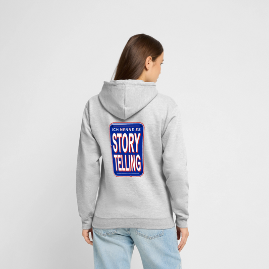 Ich nenne es Storytelling. Motiv-Hoodie unisex, Farbe Hellgrau meliert, Model