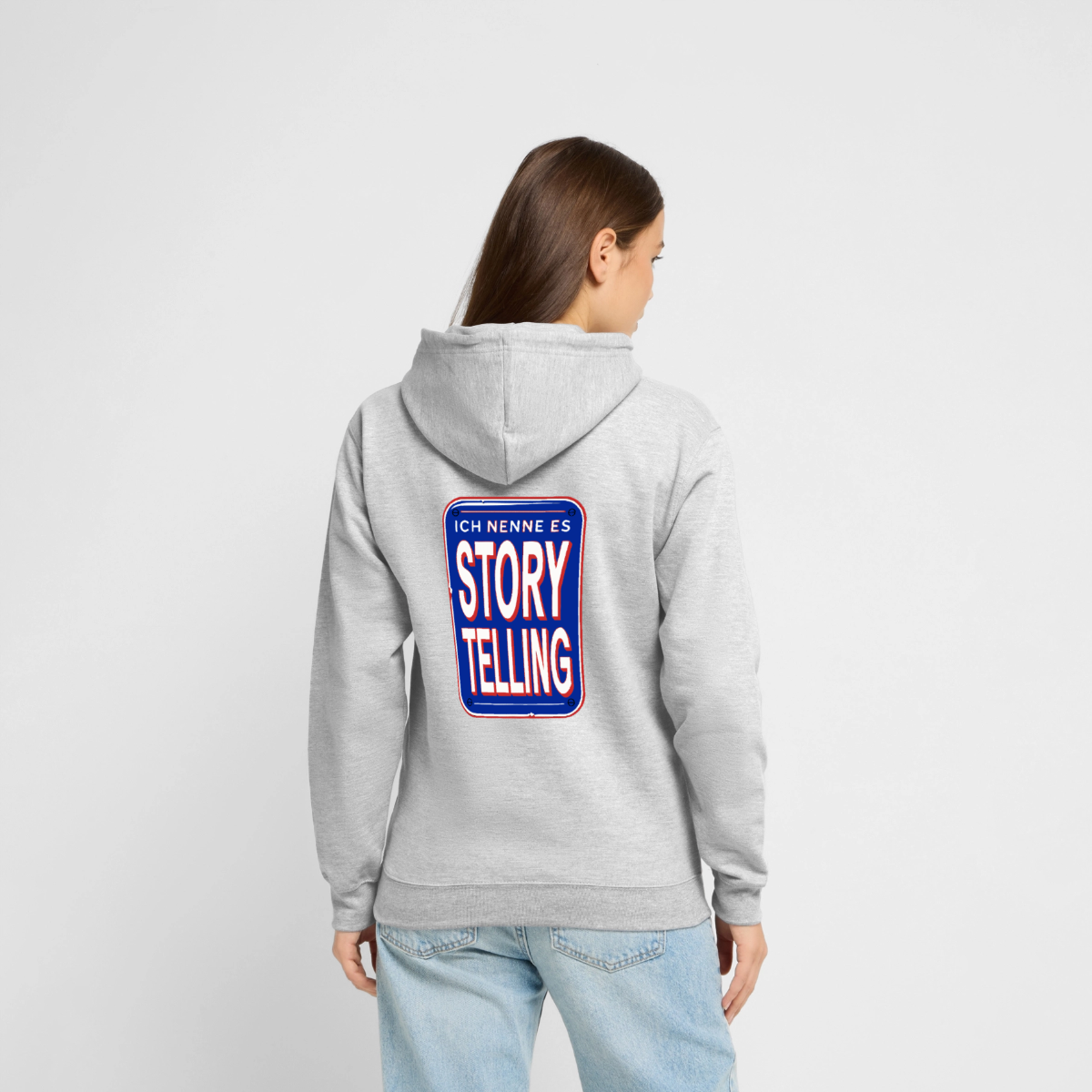 Ich nenne es Storytelling. Motiv-Hoodie unisex, Farbe Hellgrau meliert, Model