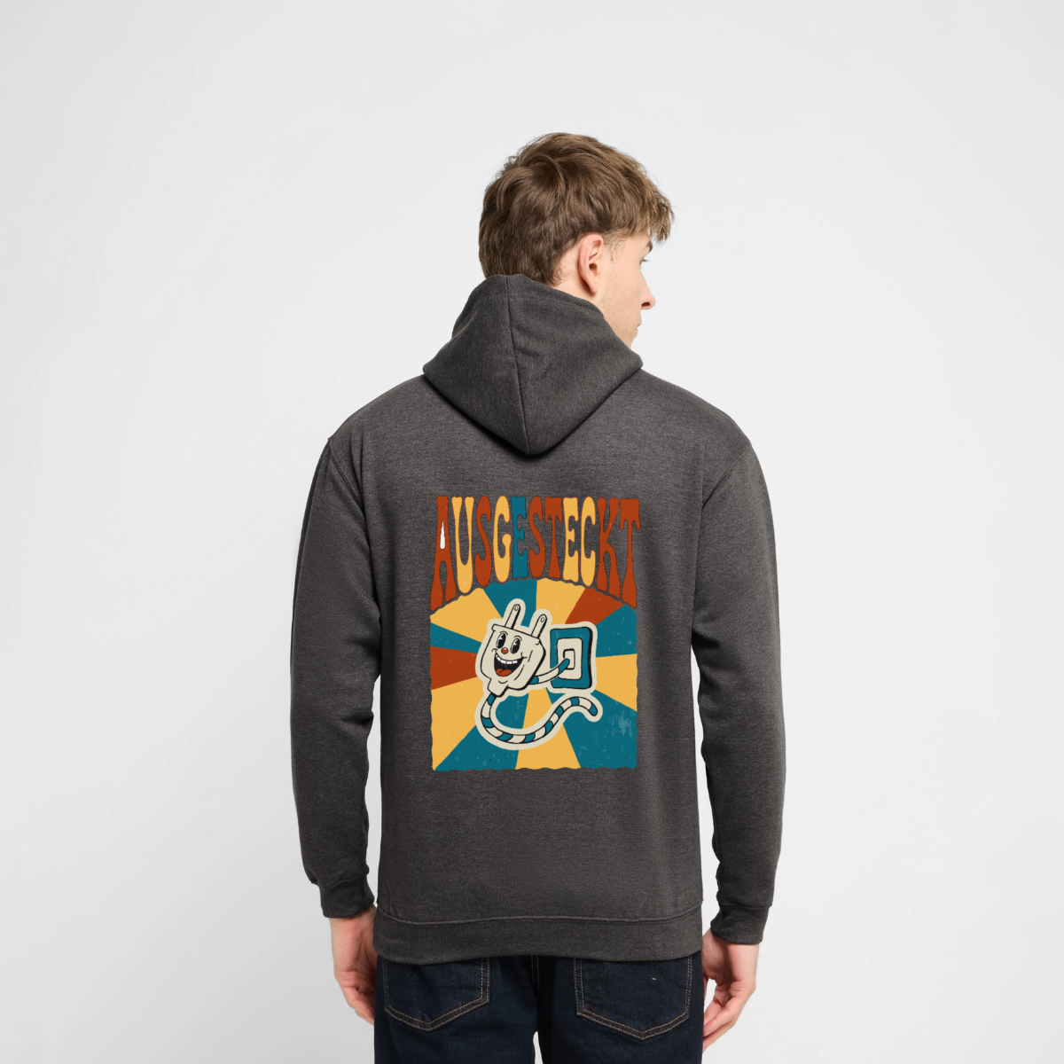"Ausgesteckt. Midcentury-Motiv" Motiv-Hoodie unisex, Farbe Anthrazit, Model