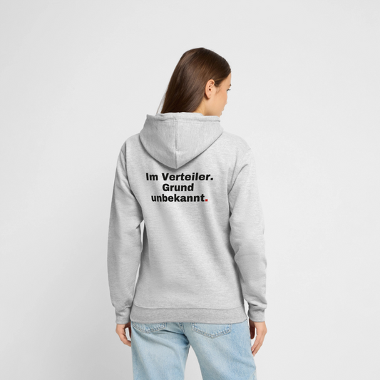"Im Verteiler. Grund unbekannt." Motiv-Hoodie unisex, Farbe Hellgrau meliert