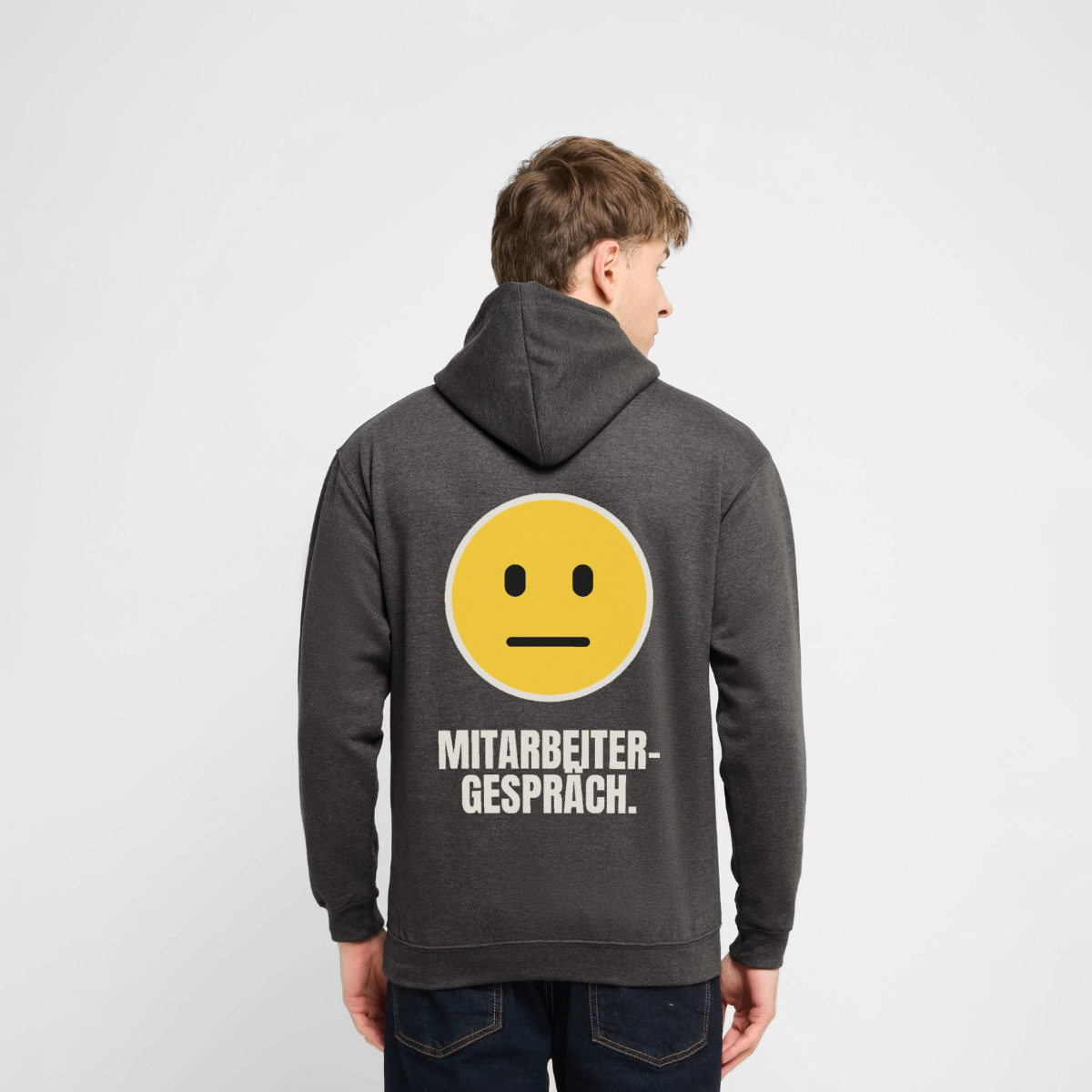 "Mitarbeitergespräch." Motiv-Hoodie unisex, Farbe Anthrazit, Model