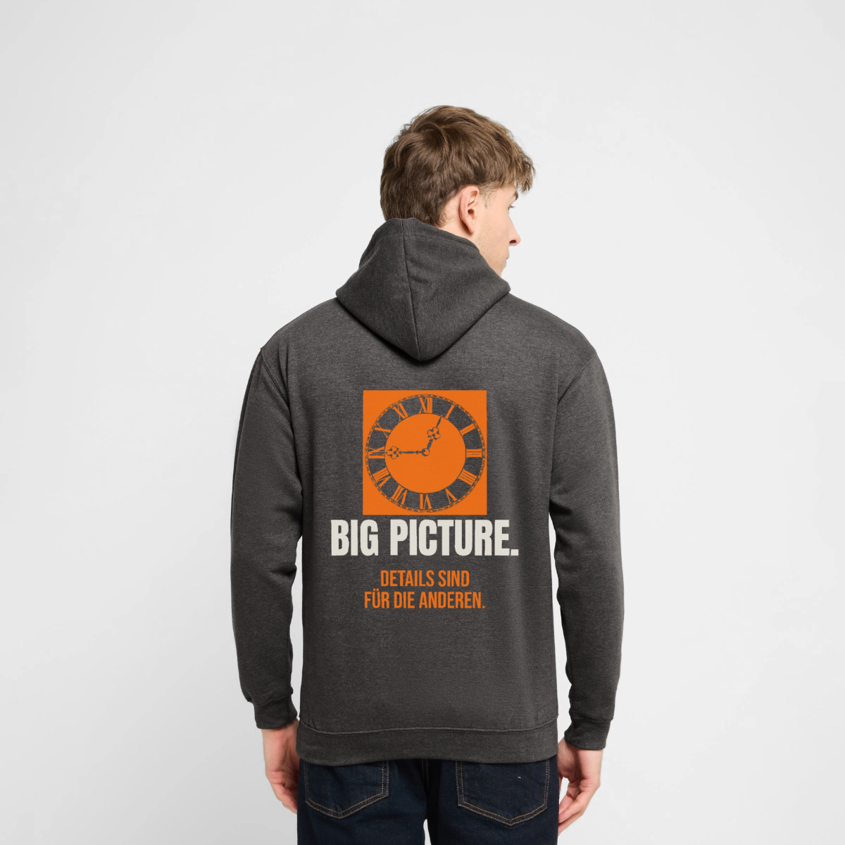 "Big Picture. Details sind für die anderen." Motiv-Hoodie unisex, Farbe Anthrazit, Model