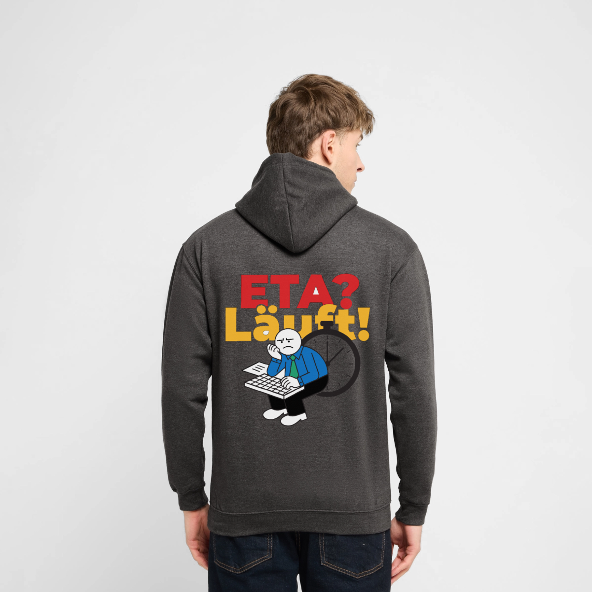"ETA? Läuft! Strichfiguren-Motiv" Motiv-Hoodie unisex, Farbe Anthrazit, Model
