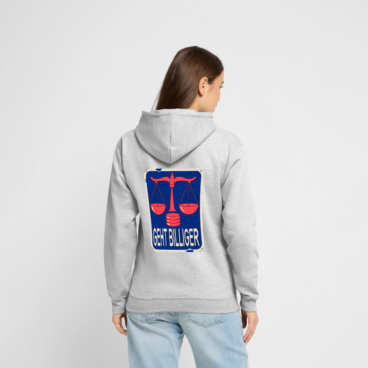 "Geht billiger. Emailschild-Motiv" Motiv-Hoodie unisex, Farbe Hellgrau meliert