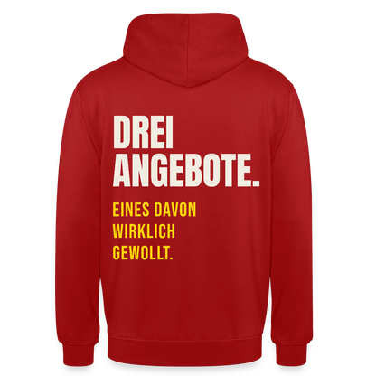 "Drei Angebote. Eines davon wirklich gewollt." Motiv-Hoodie unisex, Farbe Rot
