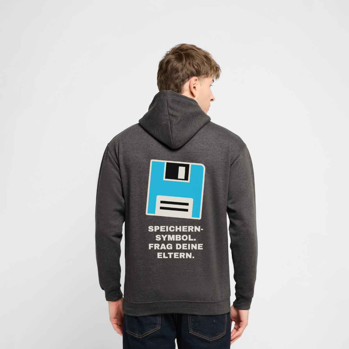 "Speichern-Symbol. Frag deine Eltern." Motiv-Hoodie unisex, Farbe Anthrazit, Model