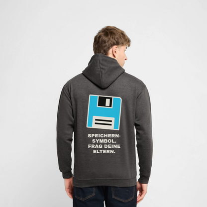 "Speichern-Symbol. Frag deine Eltern." Motiv-Hoodie unisex, Farbe Anthrazit, Model