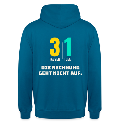"3 Tassen, 1 Idee. Die Rechnung geht nicht auf." Motiv-Hoodie unisex, Farbe Tiefseeblau