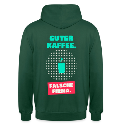 "Guter Kaffee. Falsche Firma." Motiv-Hoodie unisex, Farbe Flaschengrün