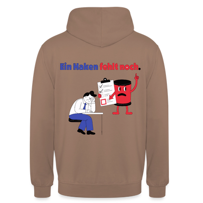 "Ein Haken fehlt noch. Comic-Motiv" Motiv-Hoodie unisex, Farbe Mokka