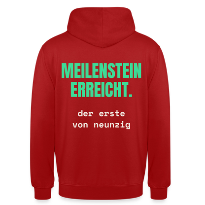 Meilenstein erreicht. Der erste von neunzig. Motiv-Hoodie unisex, Farbe Rot