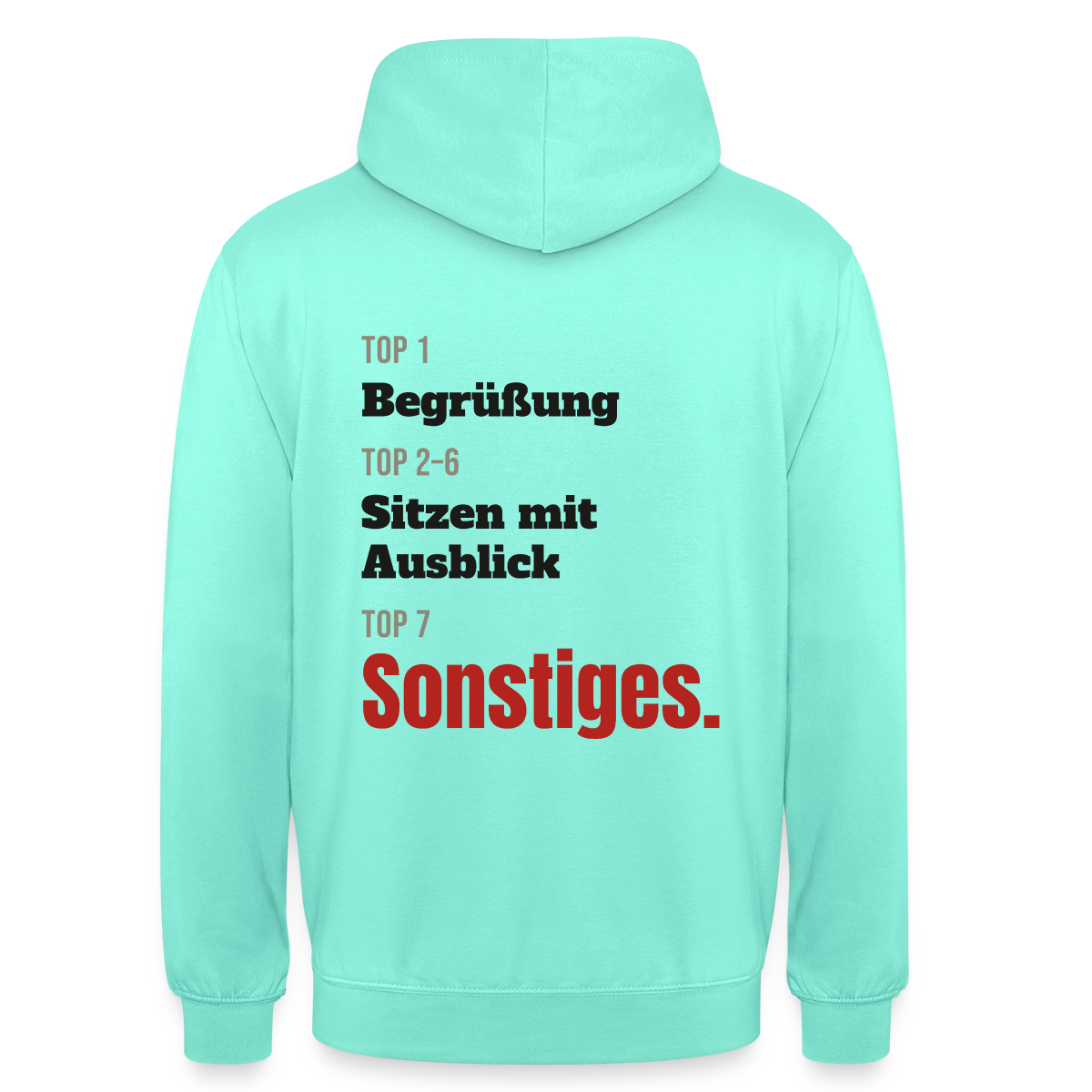 Top 1 Begrüßung, Top 2 bis 6 Sitzen mit Ausblick, Top 7 Sonstiges Motiv-Hoodie unisex, Farbe Mint