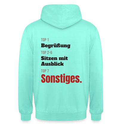 Top 1 Begrüßung, Top 2 bis 6 Sitzen mit Ausblick, Top 7 Sonstiges Motiv-Hoodie unisex, Farbe Mint