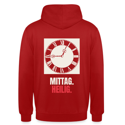 "Mittag. Heilig." Motiv-Hoodie unisex, Farbe Rot