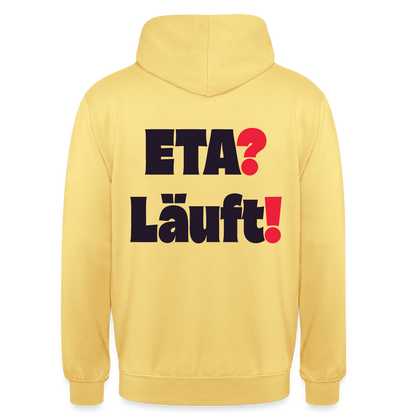 "ETA? Läuft! Typo-Motiv" Motiv-Hoodie unisex, Farbe Zitronengelb