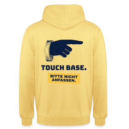 "Touch base. Bitte nicht anfassen." Motiv-Hoodie unisex, Farbe Zitronengelb