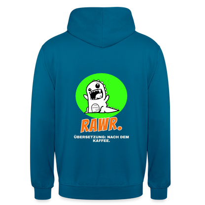 "Rawr. Übersetzung: nach dem Kaffee. Sticker-Motiv" Motiv-Hoodie unisex, Farbe Tiefseeblau
