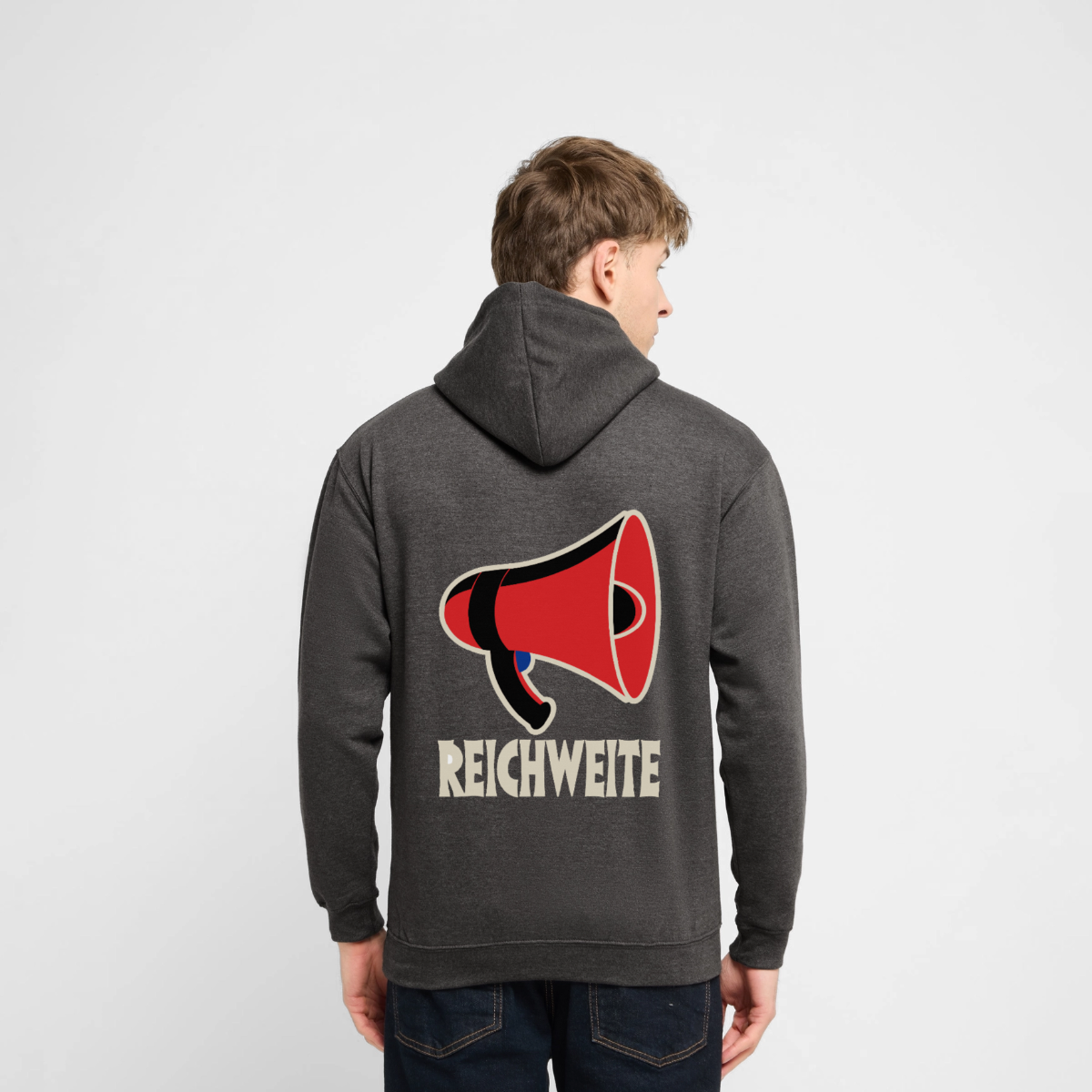 "Reichweite. Sachplakat-Motiv" Motiv-Hoodie unisex, Farbe Anthrazit, Model