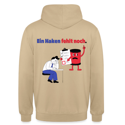 "Ein Haken fehlt noch. Comic-Motiv" Motiv-Hoodie unisex, Farbe Beige