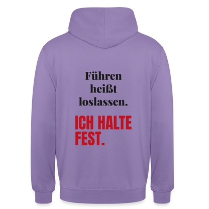 Führen heißt loslassen. Ich halte fest. Motiv-Hoodie unisex, Farbe Lavendel