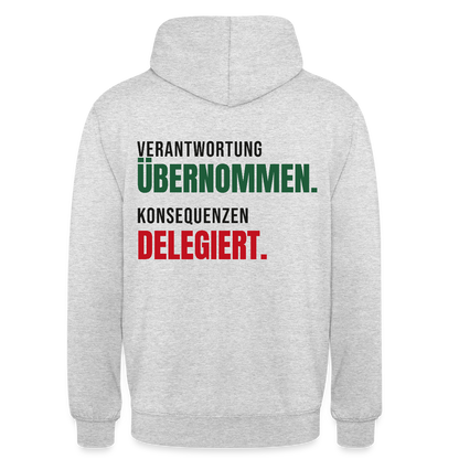 Verantwortung übernommen. Konsequenzen delegiert. Motiv-Hoodie unisex, Farbe Hellgrau meliert