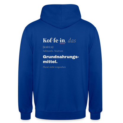 "Koffein, das: Grundnahrungsmittel." Motiv-Hoodie unisex, Farbe Royalblau