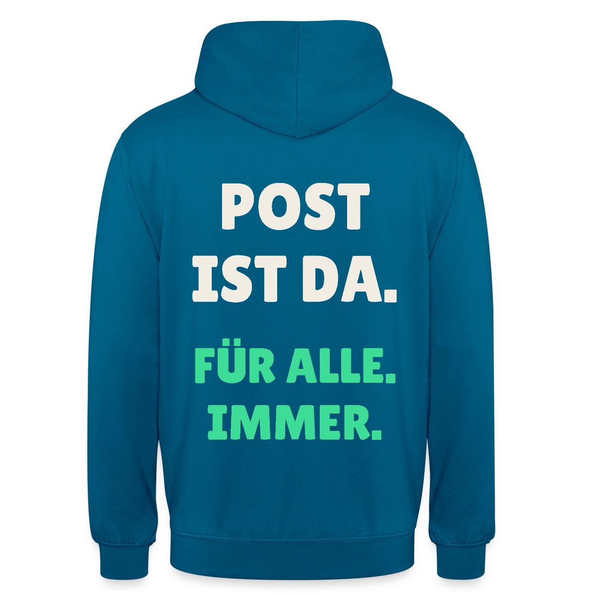 Post ist da. Für alle. Immer. Motiv-Hoodie unisex, Farbe Tiefseeblau