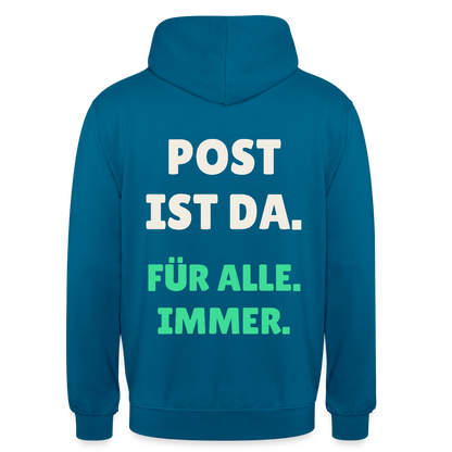 Post ist da. Für alle. Immer. Motiv-Hoodie unisex, Farbe Tiefseeblau