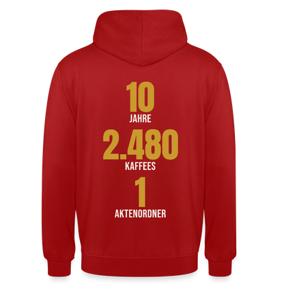 "10 Jahre, 2.480 Kaffees, 1 Aktenordner" Motiv-Hoodie unisex, Farbe Rot