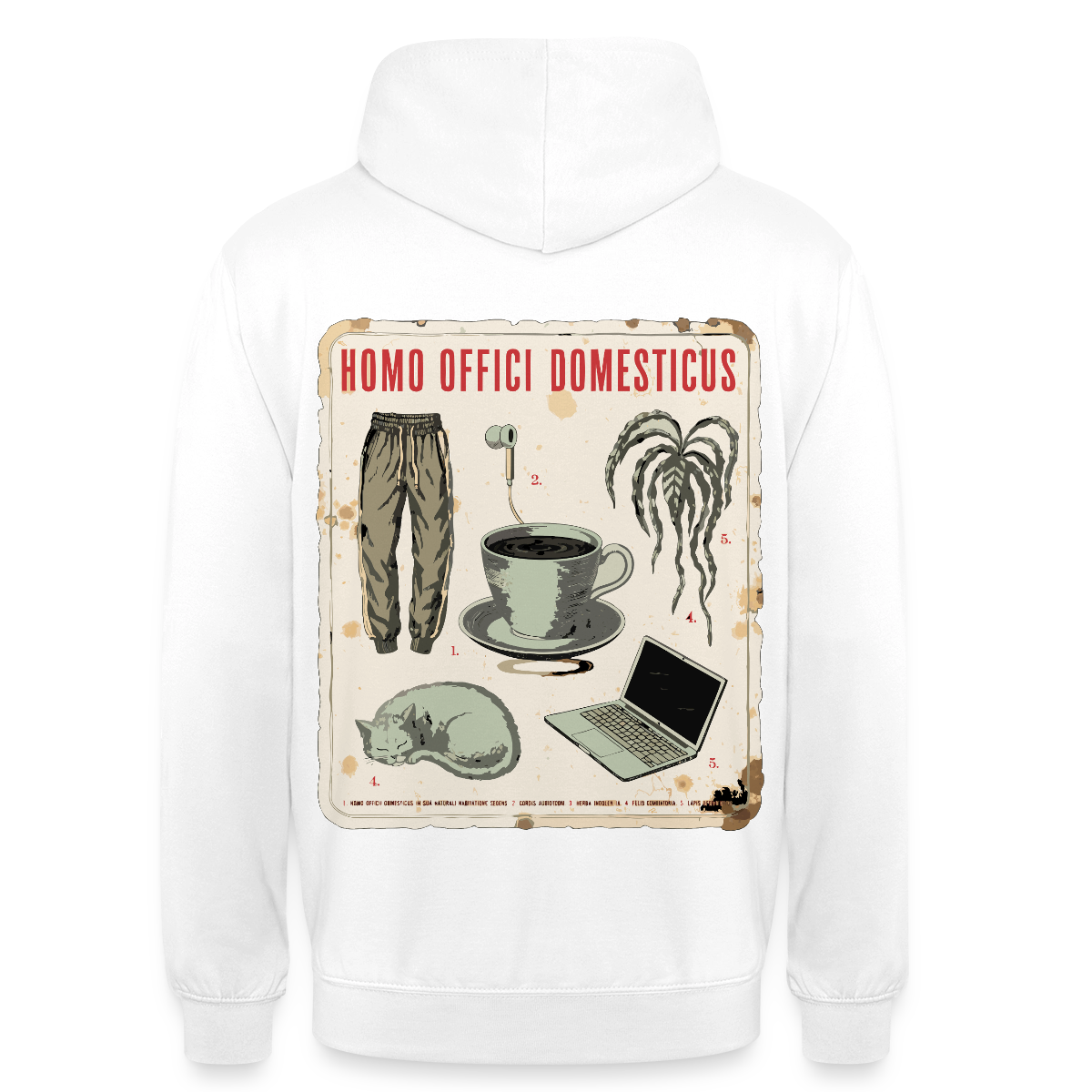 Homo Offici Domesticus Motiv-Hoodie unisex, Farbe Weiß, Model