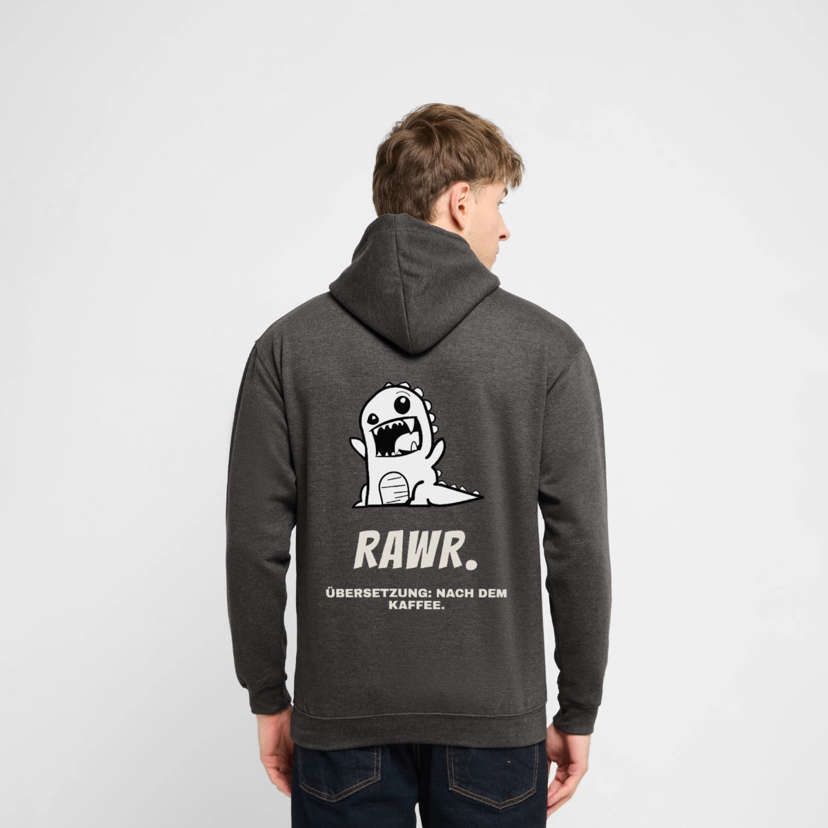 Rawr. Übersetzung: nach dem Kaffee. Motiv-Hoodie unisex, Farbe Anthrazit, Model