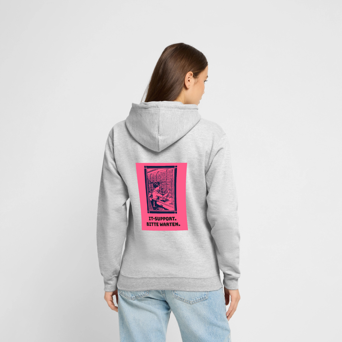 IT-Support. Bitte warten. Duotone-Motiv Motiv-Hoodie unisex, Farbe Hellgrau meliert, Model