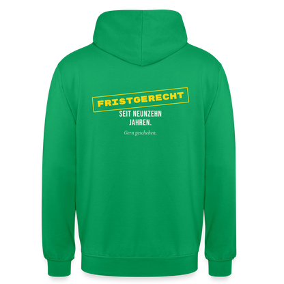 "Fristgerecht seit neunzehn Jahren. Gern geschehen." Motiv-Hoodie unisex, Farbe Kelly Green