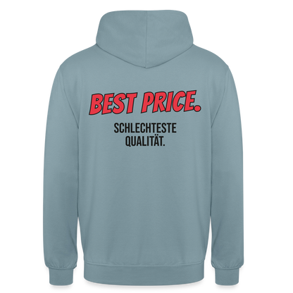 "Best Price. Schlechteste Qualität." Motiv-Hoodie unisex, Farbe Nebelblau