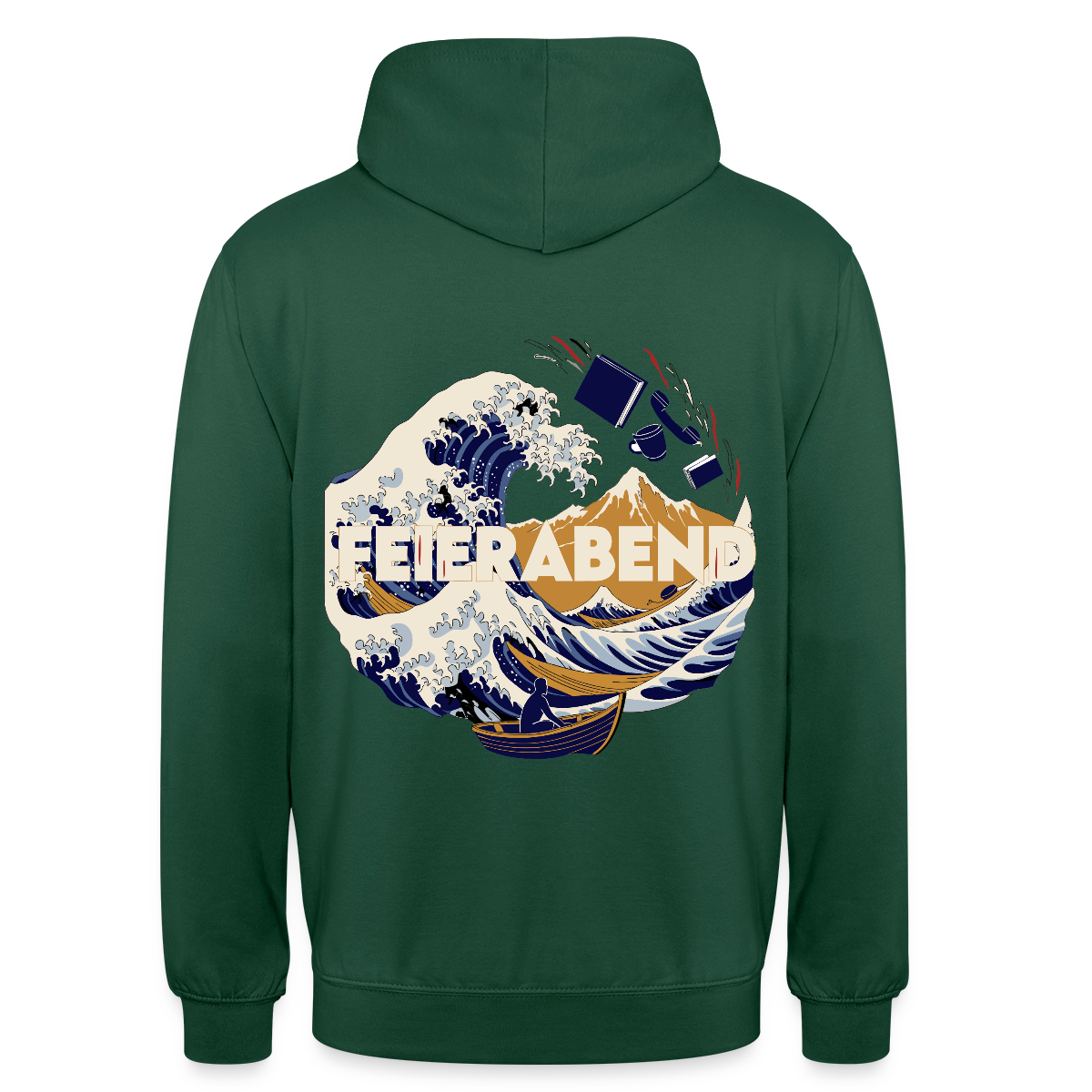 "Feierabend. Ukiyo-e-Motiv" Motiv-Hoodie unisex, Farbe Flaschengrün